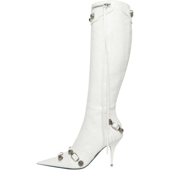 Women's Faux Leather White Stiletto Knee High Pointed Toe High Heel Zipper Boots - Picture 2 of 6